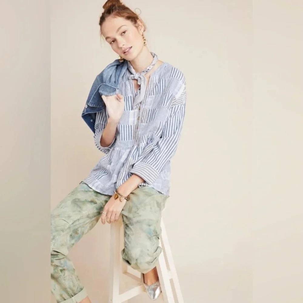 Maeve Anthropologie Blue White Striped Partial Button down shirt size Small